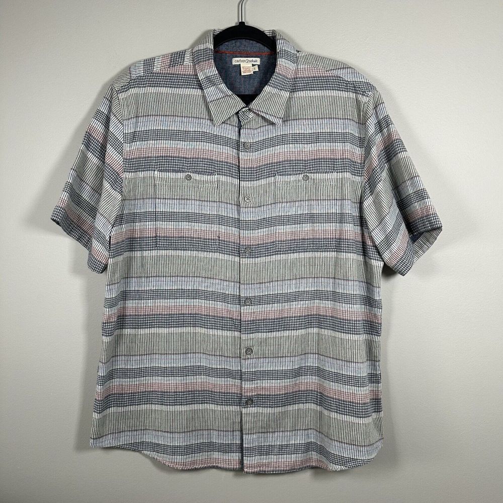 Carbon 2 Cobalt Large Green Blue Woven Stripe 100% Cotton Short Sleeve Button Up - Picture 1 of 4